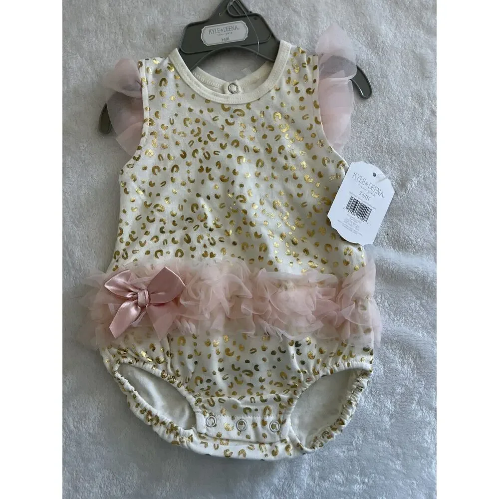 Kyle & Deena Baby Girls Bubble Romper 3-6M White Gold Hearts Pink Peach Tutu NEW